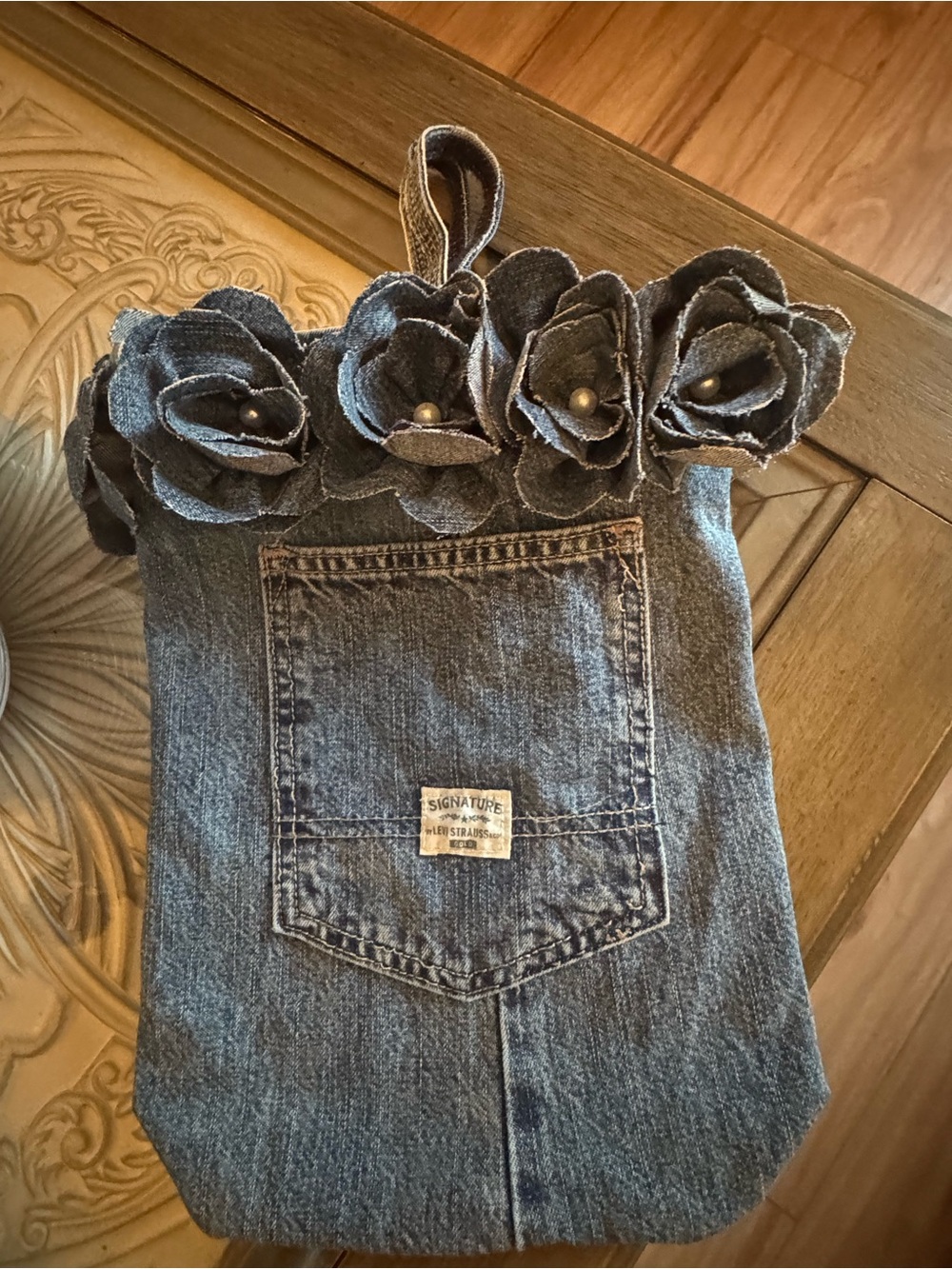 Bonita Bolso by Yvonne Jeans Blue Denim Women’s Jeans Tote Bag with Floral Trim